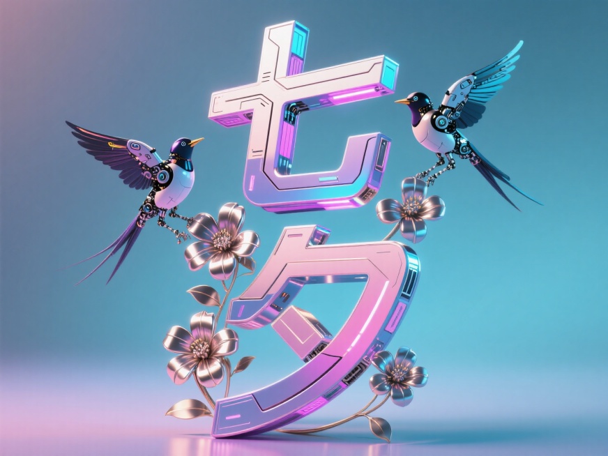 图片风格为「赛博朋克风」，竖向机械科技文字"七夕"，赛博朋克风字体。创意字体设计点缀两只喜鹊造型的赛博机器人、金属质感的花朵元素。赛博朋克炫酷的科技氛围。预览效果