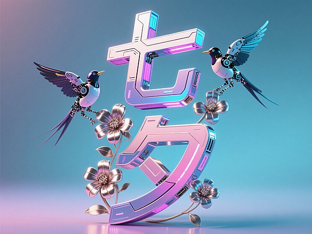 未来感3D设计，金属风数字“七五”与机械鸟、虚拟自然花卉融合，展现科技与自然的和谐。