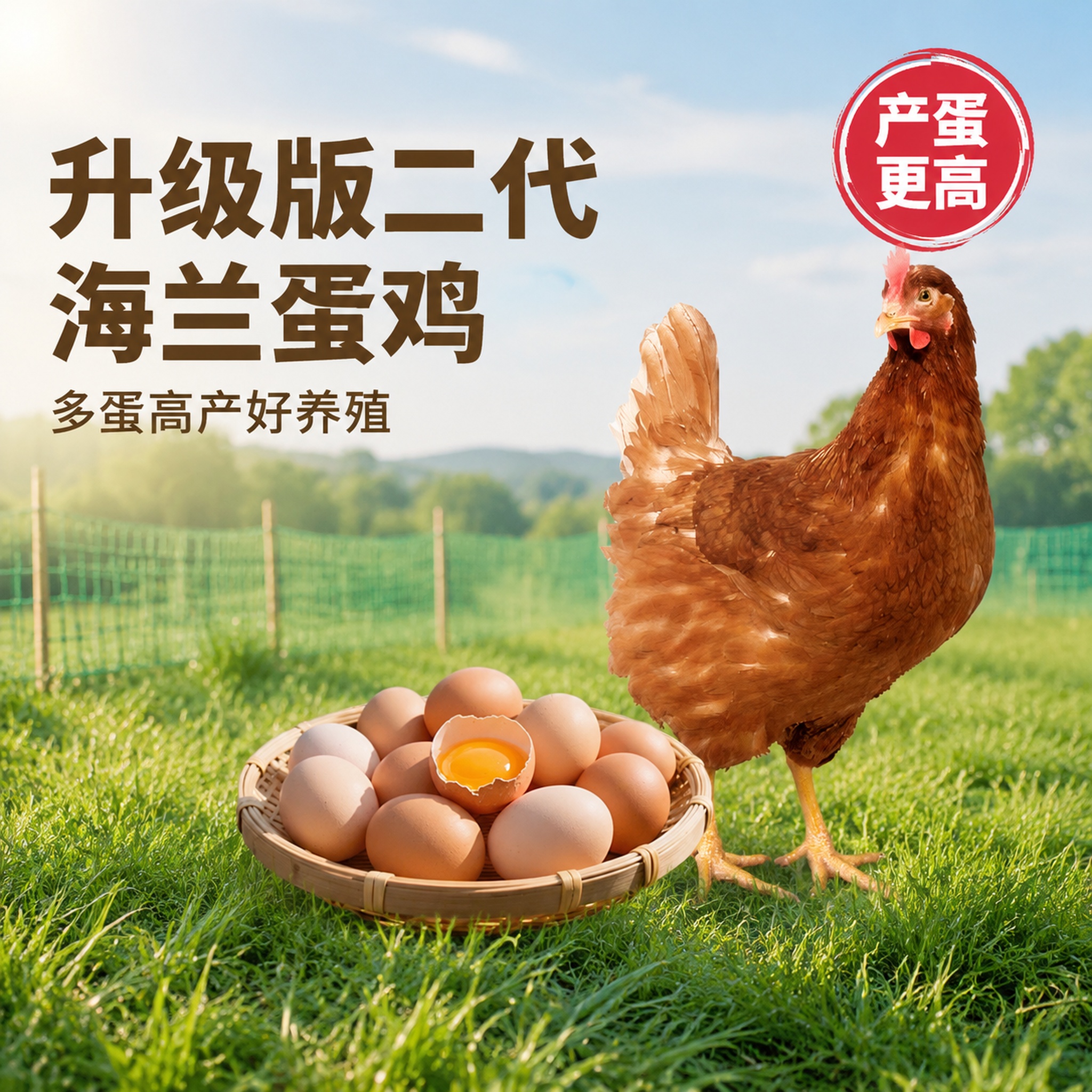 「图片1」，生成一套主图（5张），商品名称是海兰蛋鸡，卖点是升… - 图片创意预览