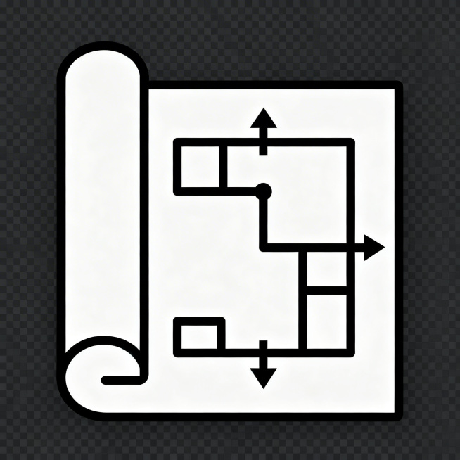 规划设计主题的扁平化图标，PNG格式，简约专业风格，融入蓝图、坐标、布局规划元素，线条清晰辨识度高，适合UI场景使用，背景透明预览效果