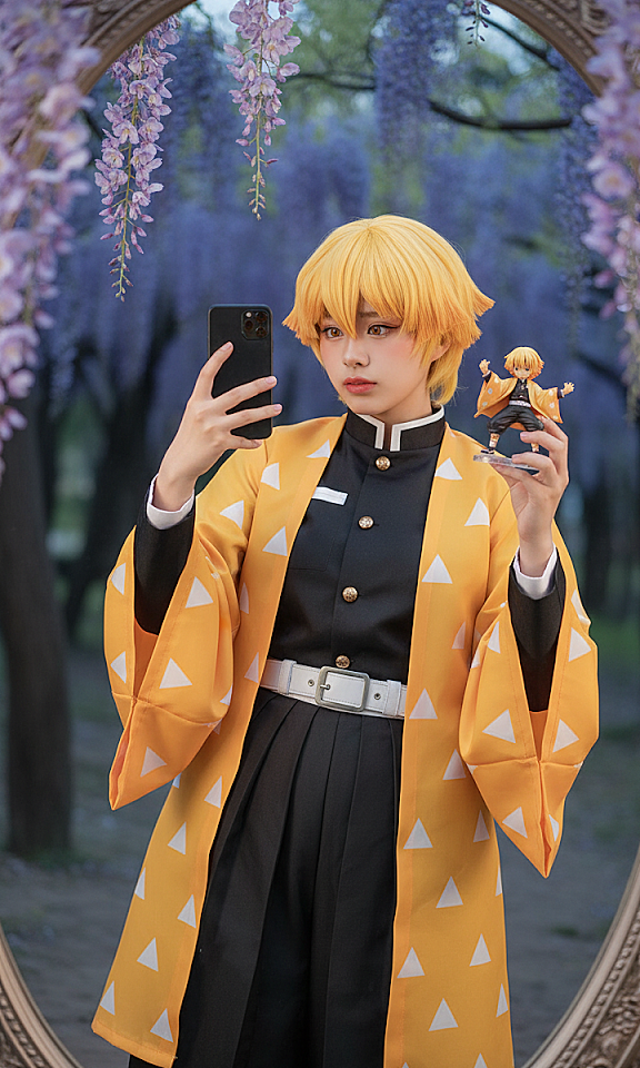 生成一张图示人物装扮成动漫角色我妻善逸的全身照，cosplayer出图质感（发型、发色、妆容、服饰都与我妻善逸一致），造型帅气。人物所在的写实场景与原作相对应，人物一只手抬起拿着手机对着镜子正在自拍，另一只手靠近镜头托着我妻善逸的玩偶手办。