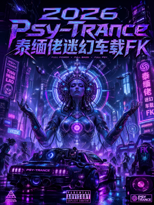 音乐专辑封面，标题文字“2026Psy-Trance泰缅佬迷幻车载FK”，赛博朋克风格，紫蓝色霓虹赛博城市，机械科幻元素，充满未来科技感的电子音乐封面设计预览效果