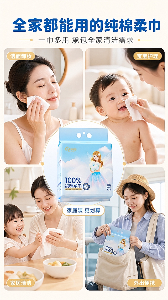 [商品] 使用【图1】享棉吧100%纯棉柔巾家庭装；保留包装外观特征；产品包装放在画面中心偏下位置。
[画面] 第6张多场景使用，目标展示家庭全场景适用，提升价值感。画面采用四宫格拼图形式，展示四个家庭使用场景：左上=妈妈洁面卸妆、右上=宝宝护理擦脸、左下=餐桌清洁擦手、右下=旅行外出便携；中心位置放置产品包装，用线条连接四个场景，形成"一巾多用"的视觉逻辑；每个场景都是温馨明亮的家居环境，人物为亚洲面孔，表情自然愉悦；整体色调统一温暖。
[视觉] 套系策略：风格=温馨治愈母婴风商业摄影；标题字=圆润粗黑体；正文字=简洁圆角无衬线体；主色=天空蓝+奶白色+米杏色；背景延展=奶白色底，四宫格用细圆角边框分隔，中心产品区有浅蓝圆形光晕；强调色=棉花白+浅金色，仅用于场景标签和连接线；标题色=深天蓝；正文色=暖灰色；组件=圆角场景框、场景标签、中心放射连接线；光影=每个场景独立柔和自然光，整体统一明亮。
[文字] 顶部主标题"全家都能用的纯棉柔巾"，副标题"一巾多用 承包全家清洁需求"；四个场景分别标注"洁面卸妆""宝宝护理""家居清洁""外出便携"；中心产品旁标注"家庭装 更划算"；所有文字横排，场景标签清晰，不遮挡人物和产品。
[规格] 图片比例9:16竖版，4K，避免变形、错字、文字过小、场景色调不统一、人物表情僵硬、产品比例失调。