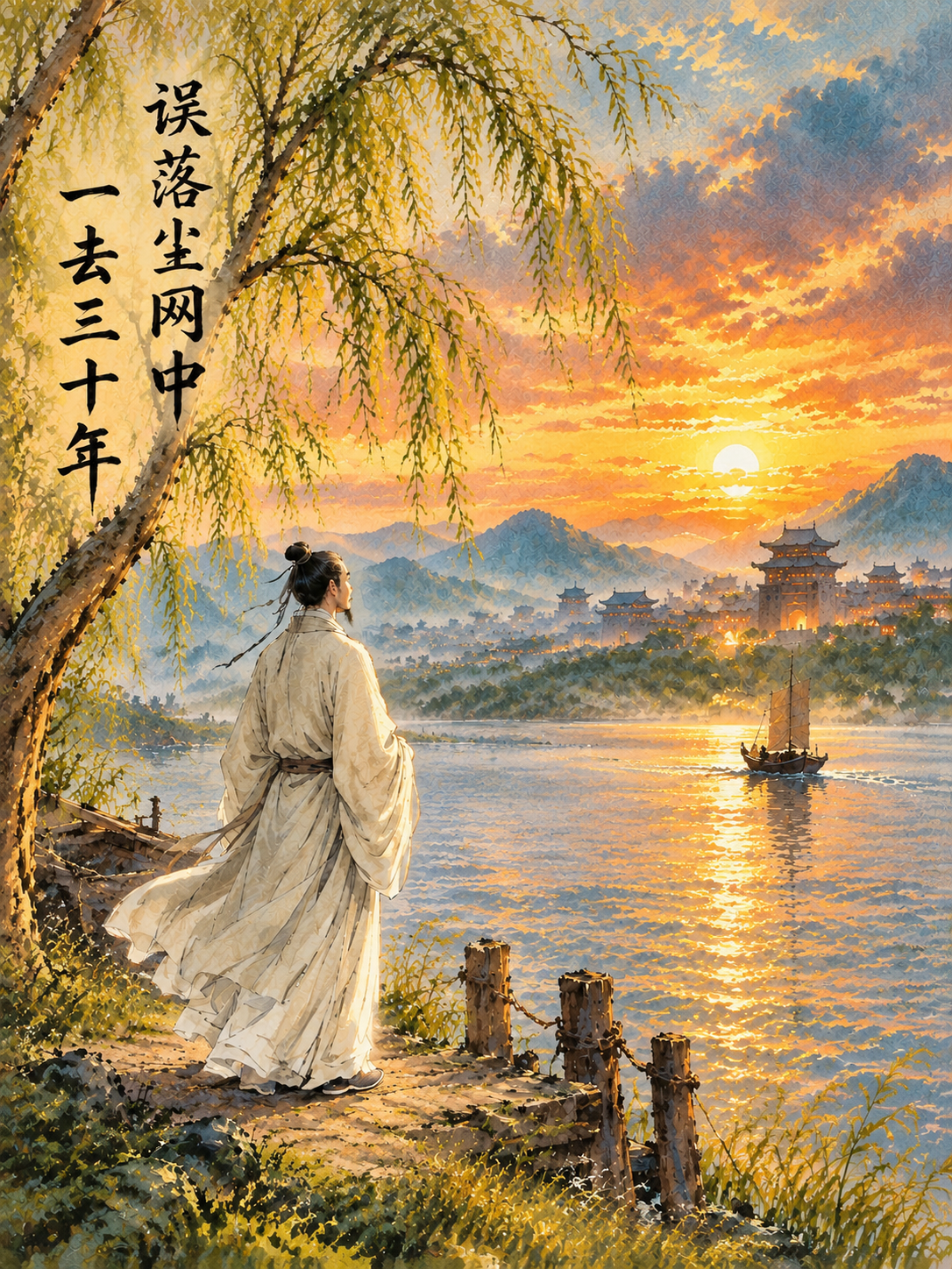 中国风水彩插画，古代男子站在江边古渡口柳树下，竖排书法"误落尘… - 图片创意预览