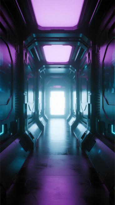 未来感科技风格直播间背景，呈现一条深邃的发光走廊，两侧是光滑的玻璃或金属质感墙壁，带有规则的线条装饰，地面为反光材质，走廊尽头有明亮的光源，整体色调改为渐变紫色与蓝色的混合，光线柔和且具有科技感，营造出神秘而前卫的氛围，空间感强，适合作为直播时的沉浸式背景。预览效果