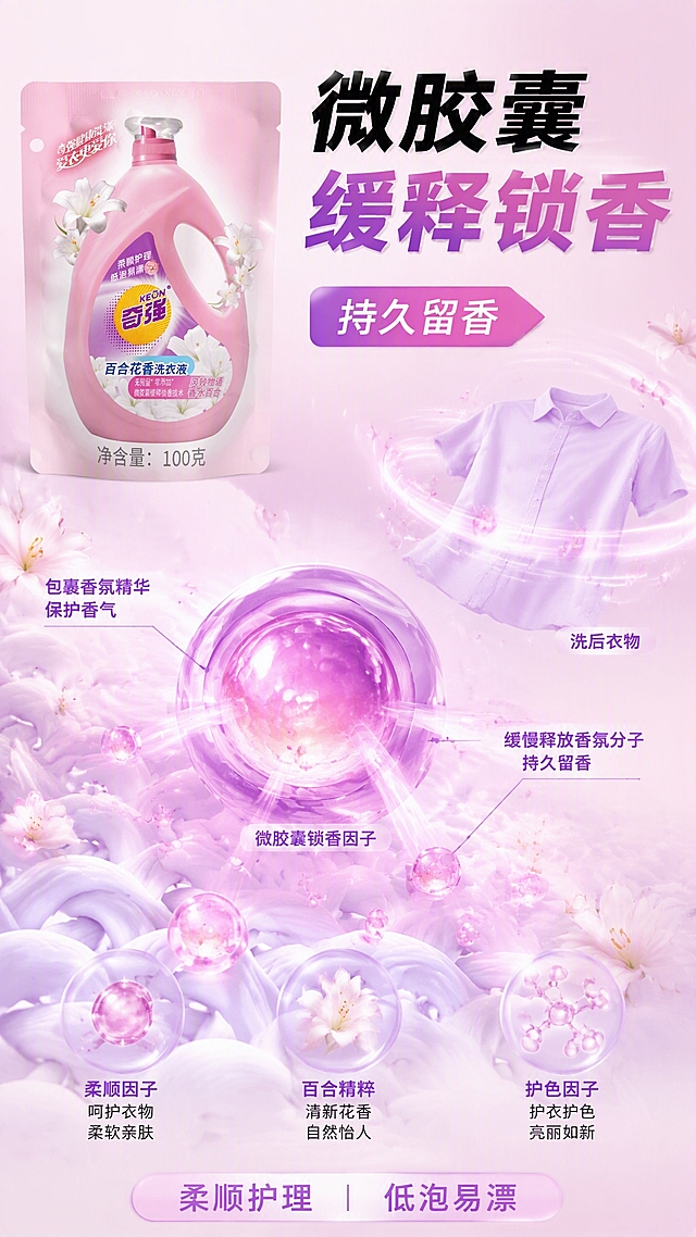 第2张 详情页香氛原理页，奇强百合花香洗衣液，微胶囊缓释锁香技术。使用图1作为商品主体。
抖音快手竖版，科技演示，科学可信，粉紫科技感。
画面中央香氛微胶囊包裹衣物纤维，周围百合香氛分子缓慢释放的可视化效果，粉紫色留香光波。洗衣液袋在左上占20%，外观与输入图一致。旁边放着另一件洗完飘香的衣物做对比。周围百合花瓣、柔顺因子成分元素。
柔光，微胶囊有光泽，整体浪漫有科技感。
背景浅粉渐变，微胶囊粉紫色，主色清新粉紫。
顶部大标题「微胶囊缓释锁香」粗黑体粉紫；旁侧标注「持久留香」箭头标签；底部小字「柔顺护理 低泡易漂」。
9:16竖版，4K高清。
负向：变形，错字，模糊，杂乱，水印，价格。