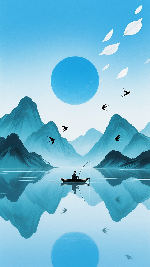 中国水墨画风格，宁静致远的氛围，远处一轮巨大的蓝色夕阳悬挂在天际，天空呈现出由浅至深的靛蓝色渐变，几片白色的花瓣状物体在空中飘洒。近处是被青色渲染的连绵山峦，山峰轮廓清晰，层次分明，水面如镜，完美倒映出山峦与天空的色彩，一叶扁舟上坐着一位垂钓者，数只黑色的飞鸟从山间掠过，整个画面色彩和谐，意境悠远，构图采用对称美学，留白恰到好处，营造出空灵静谧的东方禅意。