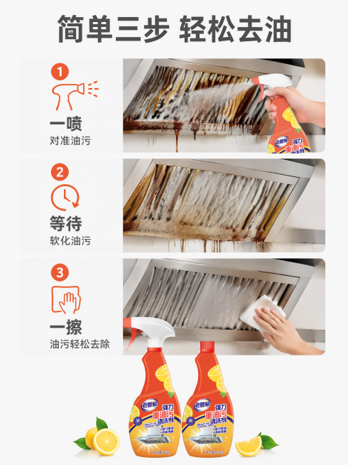 [第3屏]三步使用流程，保持产品外观颜色和【图1】一致。上中下三段排版：一喷对准油污、等待软化、一擦干净，产品放底部居中，每步配图标说明。均匀明亮光线，全局底色#F8F8F8，步骤图标橙色，文字深灰。预览效果