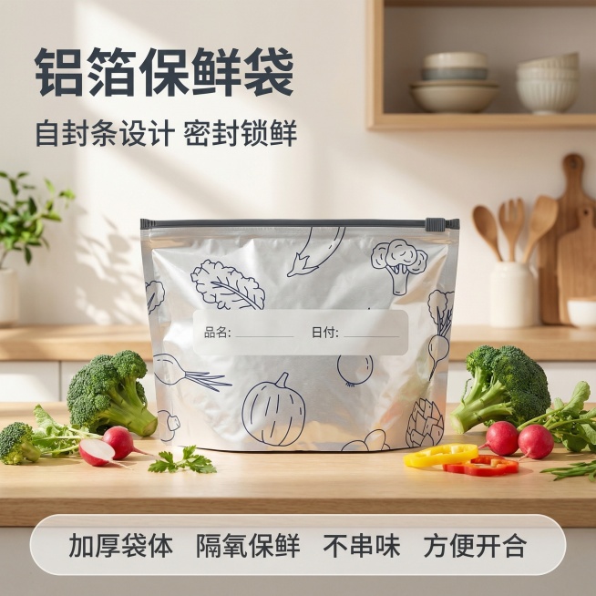 [主图 1] 铝箔保鲜袋产品首图
[氛围/风格] 日式简约，明亮干净，精致温馨的家居氛围感
[画面元素] 铝箔保鲜袋产品居中放大展示，融入干净整洁的日式厨房场景，浅色木质台面搭配少许新鲜蔬菜点缀，柔和预览效果