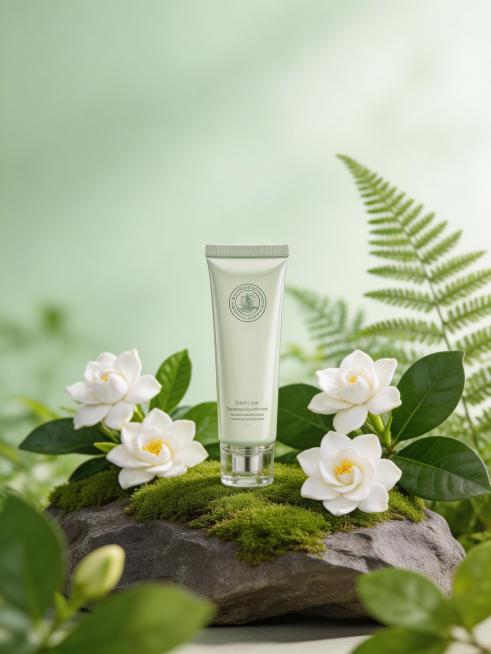 护手霜产品自然融入自然场景，画面正中央直立放置产品，产品放置在一块质感粗糙的深色岩石上，岩石表面覆盖着鲜活翠绿的青苔，岩石周围布置着盛开的纯白色栀子花、绿色蕨类植物和圆润绿叶，背景是干净柔和的浅绿色渐预览效果