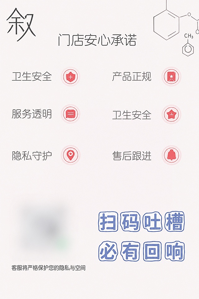 复刻参考图，生成和原图内容一致的海报：顶部左侧是斜分笔画的“叙”字，标题是“门店安心承诺”，列表内容分为两列：左列是卫生安全、服务透明、隐私守护，每个文字旁配有浅粉色圆形带红色标识的图标；右列是产品正规、卫生安全、售后跟进，每个文字旁也配有浅粉色圆形带红色标识的图标；右下角配蓝色描边文字“扫码吐槽 必有回响”，底部留白处配小字，右上角保留化学分子结构式装饰。整体风格是简约浅色背景，干净整洁的医美门店承诺海报，文字和布局、元素都和原图一致