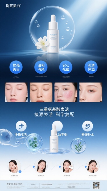 化妆品竖版宣传海报，整体采用清新透亮的蓝白渐变色调，柔和的水光感光影效果，呈现出干净清爽的氛围。海报顶部中央展示一款白色瓶装的护肤品（如精华液或乳液），瓶身设计简约现代，搭配白色花朵和水珠元素，突出产品的纯净与水润。产品下方分布四个蓝色圆形图标，分别配以“提亮美白”“温和清爽”“安心祛痘”“润滑保湿”等文字说明。中部区域展示产品适用人群的肌肤问题示意图，采用四宫格布局，分别呈现不同肌肤困扰的面……预览效果