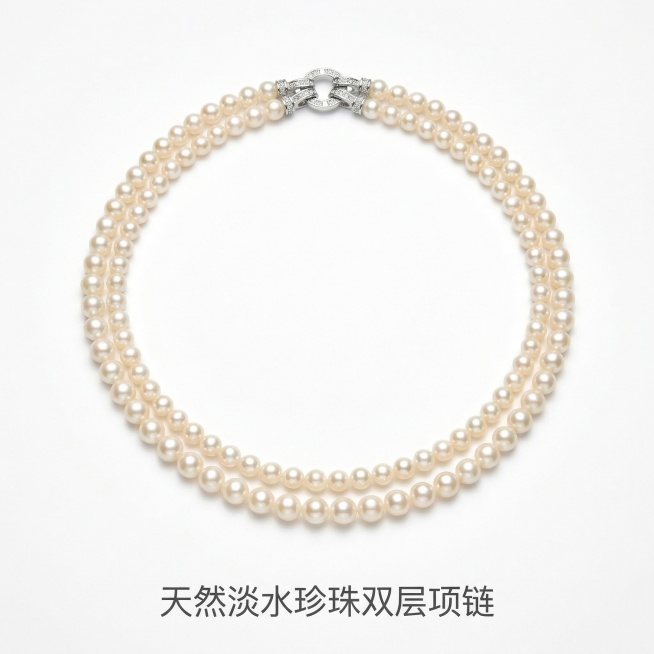 [主图 5]天然珍珠双层项链标准白底展示；氛围风格：简洁干净，清晰展示产品全貌；画面元素：保留原项链完整造型和特征，双层项链自然摆放，背景为纯白色，光线均匀柔和，完整展示项链整体轮廓和结构，无多余杂物预览效果