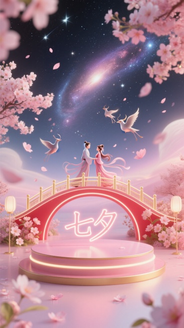 七夕节梦幻展示展台，柔和的粉色渐变背景，品红色和金色的发光霓虹灯，漂浮着精致的花卉星空中牛郎织女鹊桥相会，飘渺的银河星系效果与樱花花瓣交融，柔和的散景灯光，电影级体积光线，梦幻般的氛围，超详细8K，柔预览效果