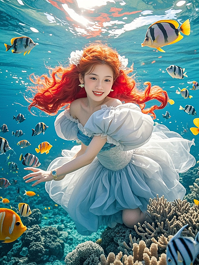 梦幻水下世界，甜美少女与鱼共舞，水彩风动漫虚拟现实场景。