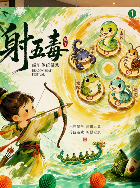重新生成端午射五毒主题海报，和参考图不要一模一样，调整五毒排列位置和人物动作，保留国风水彩手绘风格和整体版式，保持可爱卡通风格预览效果
