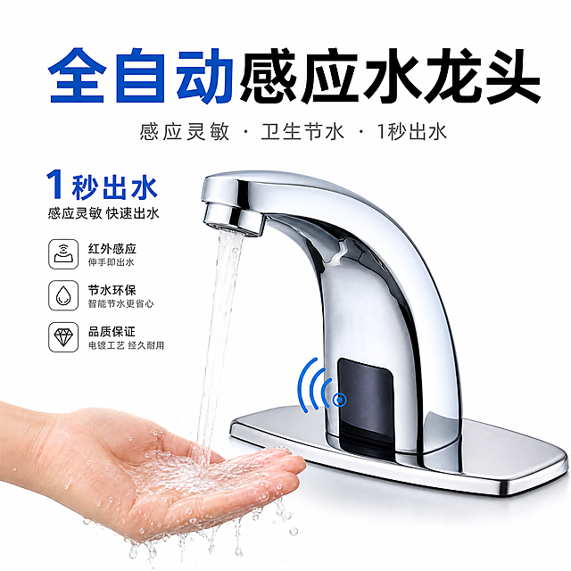 拼多多平台商品主图，全自动感应水龙头，卖点感应灵敏1秒出水，简洁白底背景，突出产品和卖点文字