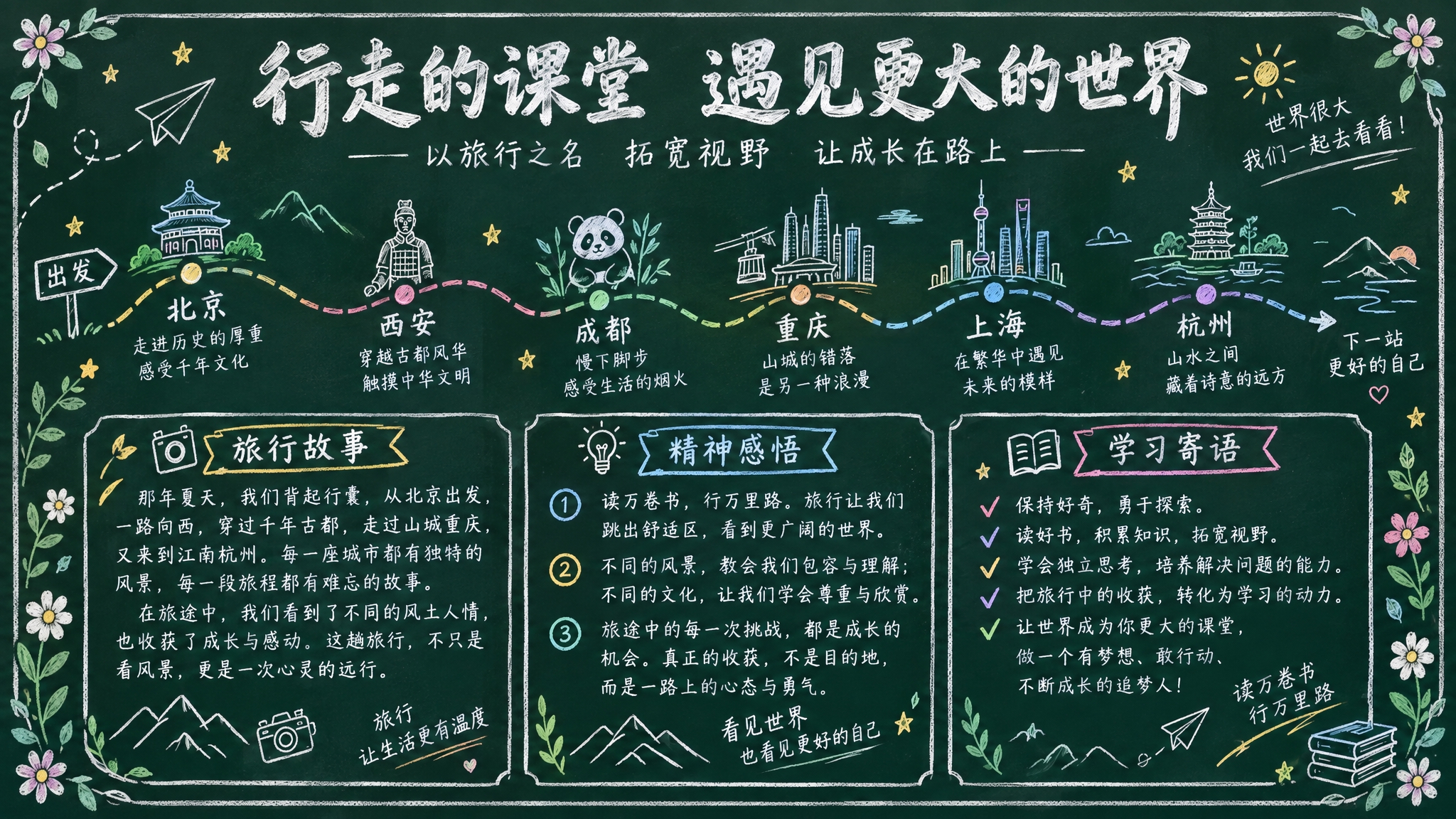 横版校园黑板报设计，深墨绿色黑板底，白色粉笔手绘质感，清新教育… - 图片创意预览