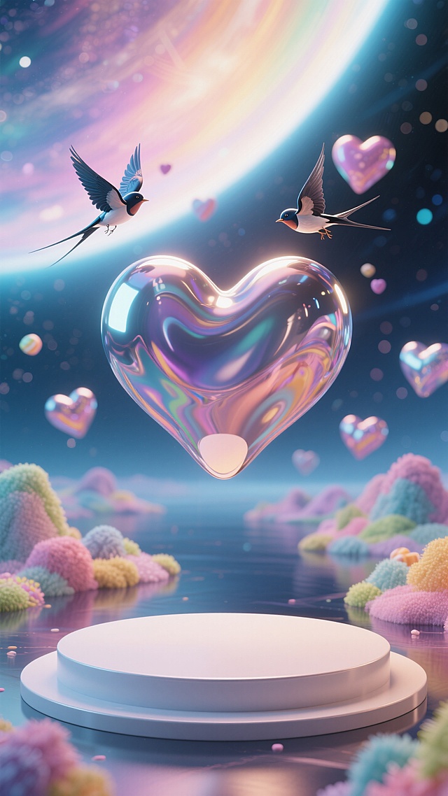 画面前面是一个空的圆形展台，3D立体场景
"C4D渲染浪漫宇宙 / 悬浮的立体爱心群岛 / 流体金属喜鹊 / 糖果色渐变流体 / 景深模糊光斑"