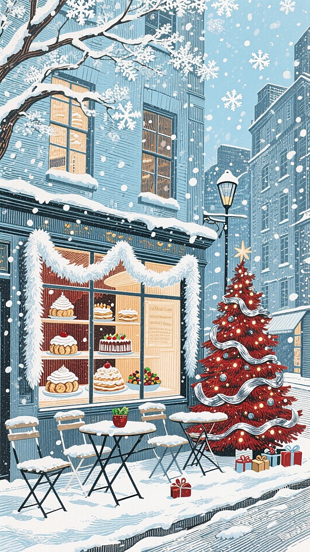 插画风圣诞街景，水彩质感渲染温馨氛围，拟人化甜品窗陈列甜蜜诱惑，雪中橱窗透出暖光，节日气息浓郁。