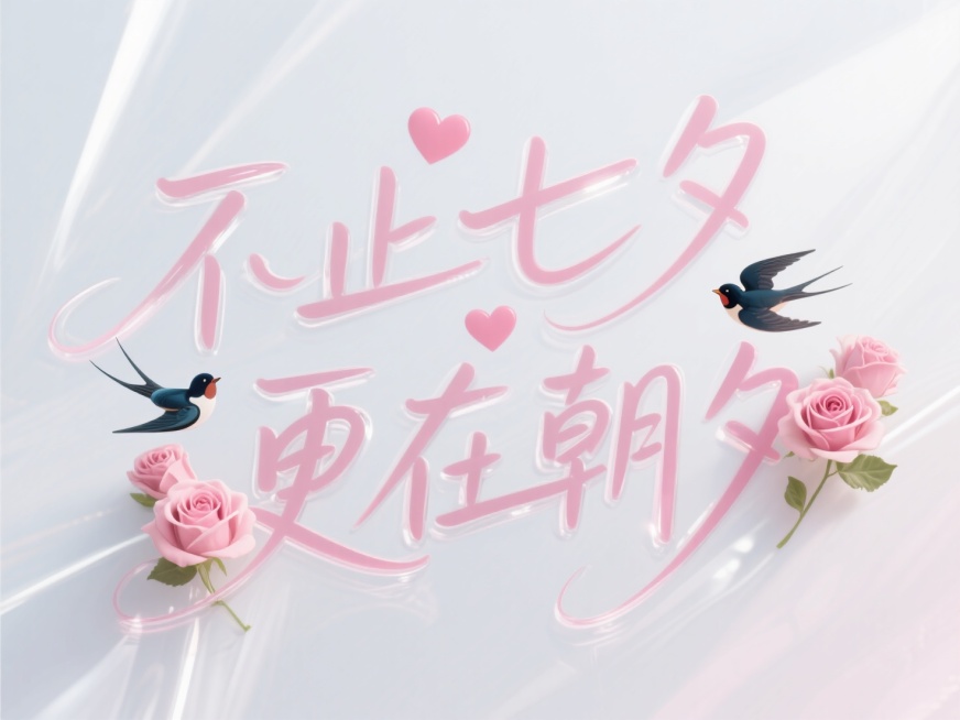 文字“不止七夕 更在朝夕”，文字穿插点缀爱心和两只喜鹊、字体间缠绕粉色玫瑰花朵。高级感，淡白水晶底色粉色字，可爱字体。预览效果
