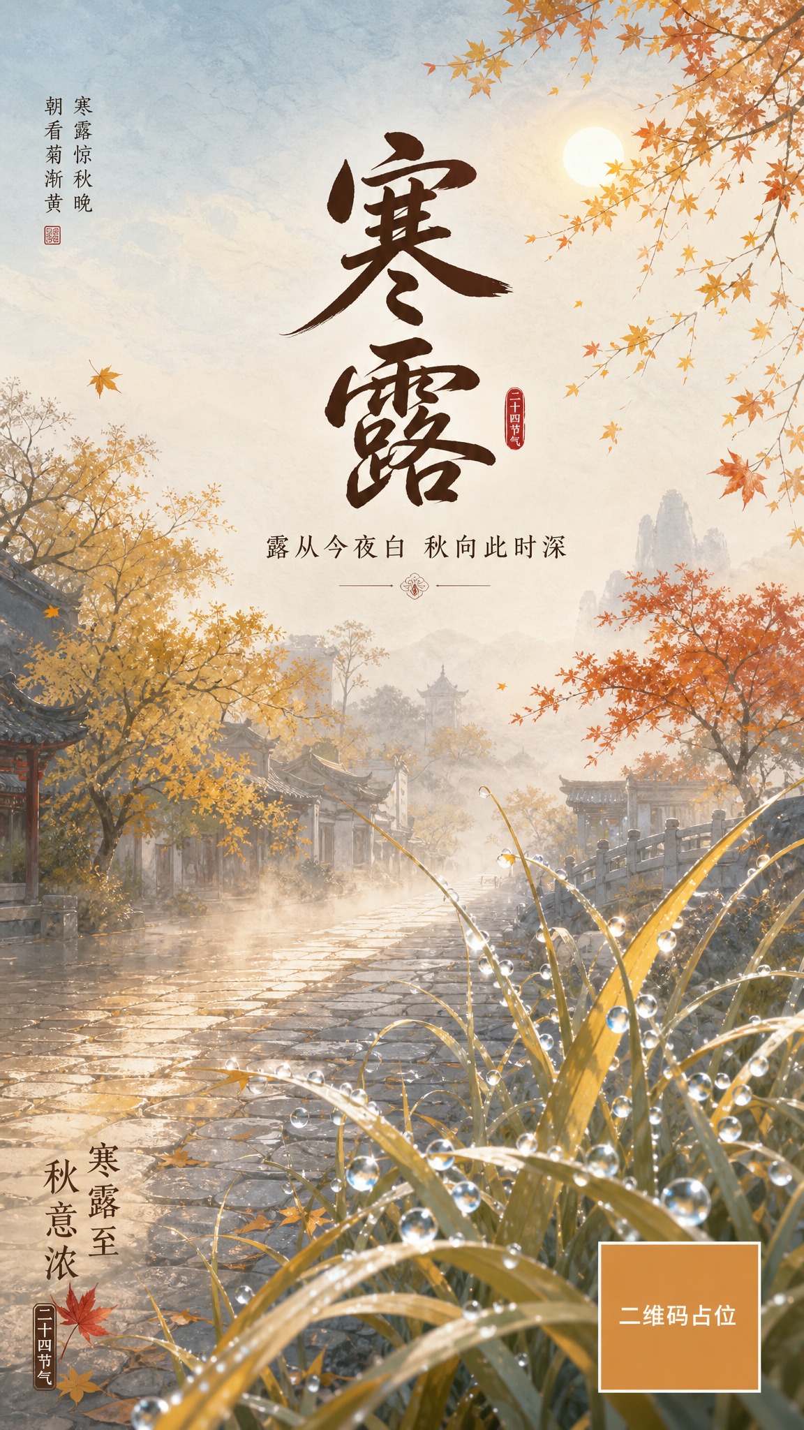 寒露节气海报，国风新中式工笔风格，竖版9:16。画面主体为清晨… - 图片创意预览