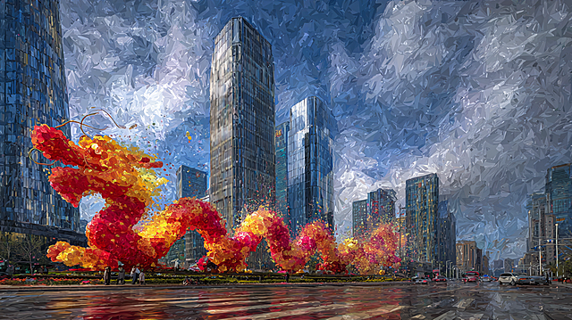 2026 Year of the Horse Spring Festival, giant strides through Lujiazui skyscrapers, strikes mallet and spins, stirring up cloud currents, orbit shot, red and gold dance reflections on high-rise glass, cinematic texture, ultra-realistic rendering, high dynamic range, slight film grain, red and gold main tone with urban cool blue contrast, particle energy effects, Cinematic, epic scale, hyper realistic, Cyber Oriental Aesthetic