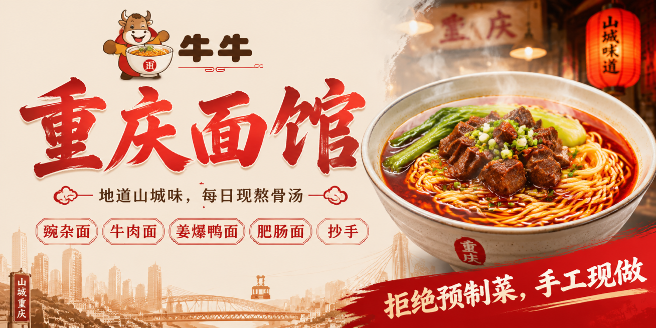 重庆面馆商业海报，横向比例2:1，顶部LOGO是一头牛端着一碗面，配文字"牛牛"，主大字是"重庆面馆"，下方小字"地道山城味，每日现熬骨汤"，再往下列出经营品类：豌杂面 牛肉面 姜爆鸭面 肥肠面 抄手预览效果