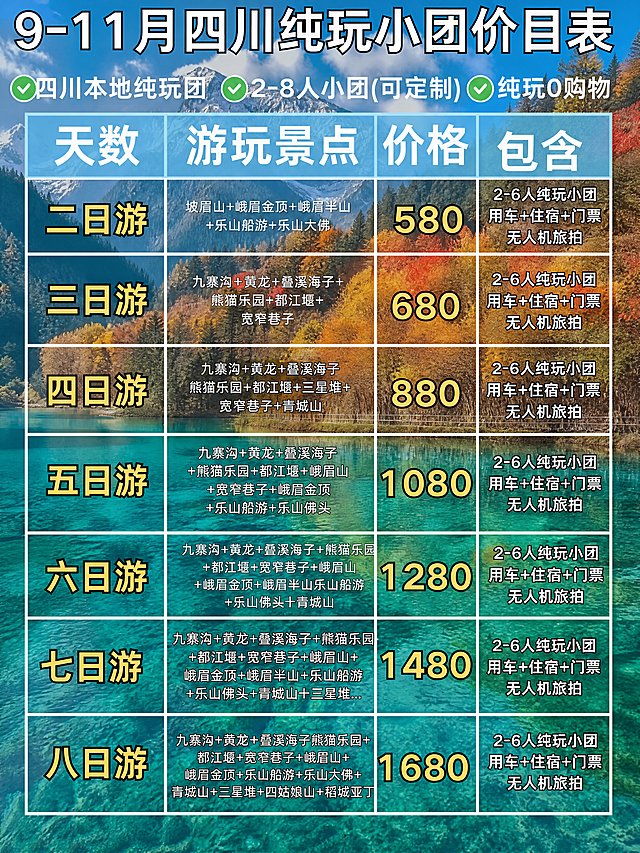 将背景替换为四川九寨沟美景（碧绿澄澈的海子湖水、彩林环绕、雪山倒映、秋日层林尽染的九寨沟标志性风光），所有文字内容、字体、表格排版、价格信息完全保持不变，文字清晰可读，背景作为柔和底图不影响文字阅读，整体画质高清细腻