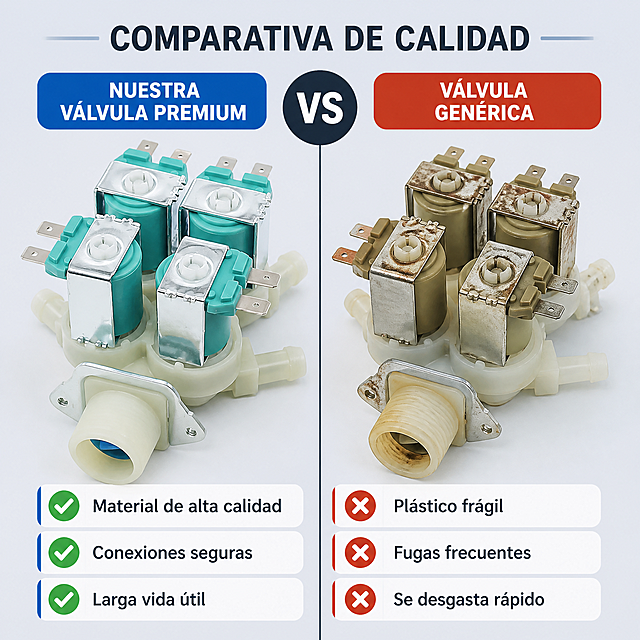 [第3张] Gráfico comparativo de calidad: Válvula premium vs. válvula genérica de baja calidad. Página de ventaja competitiva.
[氛围/风格] Estilo de comparación técnica clara, fondo gris azulado claro, diseño de dos columnas simétricas, íconos visuales de ventaja/desventaja, tono objetivo y profesional.
[元素布局] División vertical central de la imagen. Lado izquierdo: nuestra válvula de 4 vías premium con bobinas verde turquesa vibrantes, cuerpo plástico blanco de alta calidad, terminales metálicos brillantes, etiqueta "Nuestra Válvula Premium", acompañado de iconos verdes de verificación y texto de ventajas. Lado derecho: una válvula genérica de aspecto barato, bobinas de color opaco, plástico delgado, terminales oxidadas, etiqueta "Válvula Genérica", acompañado de iconos rojos de advertencia y texto de desventajas. En el centro superior, un título grande de versus. La válvula del lado izquierdo usa el producto de las imágenes de referencia.
[光影质感] Iluminación uniforme de estudio, lado izquierdo con brillo y colores más vibrantes para resaltar superioridad, lado derecho con iluminación más plana, colores apagados y aspecto de menor calidad.
[配色色系] Fondo global #E8ECF1 gris azulado claro; columna izquierda con acentos #2563EB azul y #10B981 verde; columna derecha con acentos #EF4444 rojo suave; divisor central #374151 gris oscuro; texto principal #1F2937 gris carbón.
[视角构图] Vista frontal de ambas válvulas, misma altura y ángulo, simetría perfecta entre ambos lados, lectura de arriba (título VS) → centro (productos lado a lado) → abajo (lista de comparación).
[文字版式] Título superior central grande: "Comparativa de Calidad". Etiqueta azul encima del producto izquierdo: "Nuestra Válvula Premium". Etiqueta roja encima del producto derecho: "Válvula Genérica". Debajo de cada producto, 3 puntos de comparación con icono: lado izquierdo con marcas ✓ verdes: "Material de alta calidad", "Conexiones seguras", "Larga vida útil"; lado derecho con marcas X rojas: "Plástico frágil", "Fugas frecuentes", "Se desgasta rápido". Todo en español, fuente sans-serif clara. Sin texto en chino.
[负向提示词] deformación del producto, estructura incorrecta, piezas faltantes, desviación de color, texto ilegible, texto en chino, marca de agua, fondo desordenado, borroso, letras pequeñas.