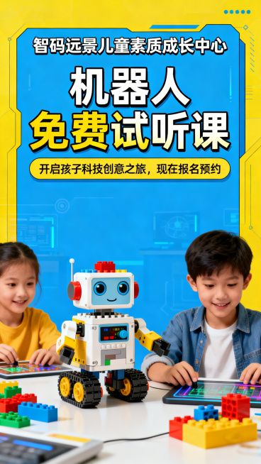智码远景儿童素质成长中心机器人试听课招生海报，活泼明亮的少儿科技风格，画面中展示可爱的积木机器人和小朋友体验机器人编程的快乐场景，顶部用醒目的字体写着"智码远景儿童素质成长中心"，中间大标题"机器人免预览效果