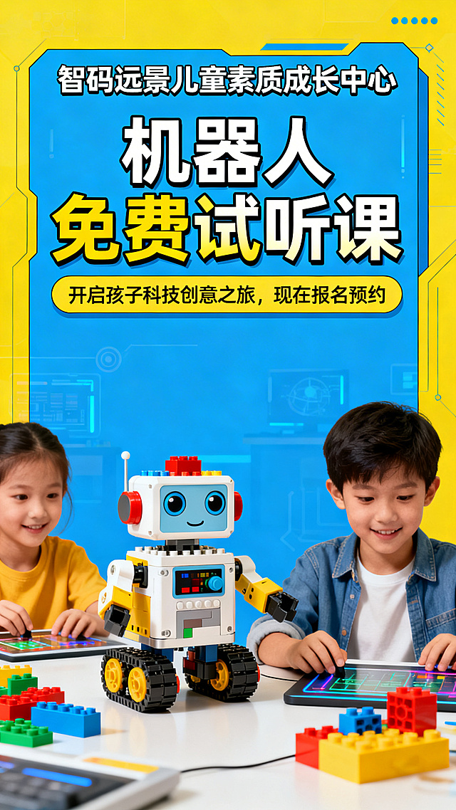 智码远景儿童素质成长中心机器人试听课招生海报，活泼明亮的少儿科技风格，画面中展示可爱的积木机器人和小朋友体验机器人编程的快乐场景，顶部用醒目的字体写着"智码远景儿童素质成长中心"，中间大标题"机器人免费试听课"，下方小字"开启孩子科技创意之旅，现在报名预约"，整体配色蓝黄明亮，充满童趣和科技感，适合儿童培训机构招生宣传