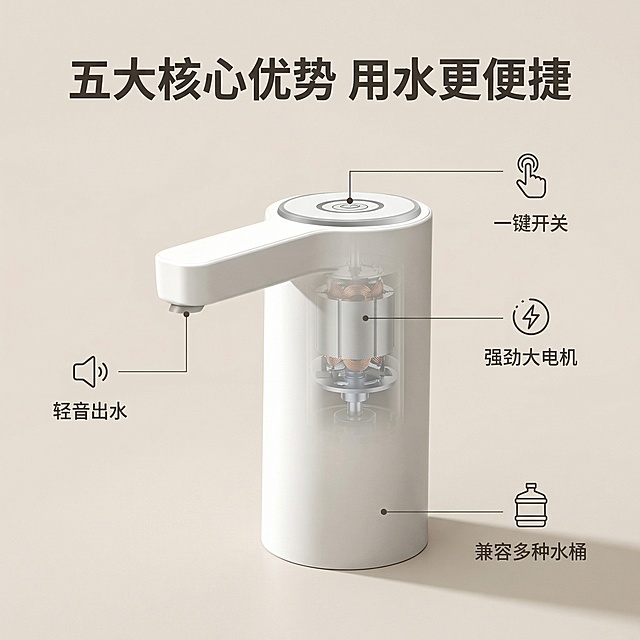 垫图为用户上传的白色桶装水抽水机，主图主题：抽水器核心卖点展示，氛围风格：简洁明亮的科技实用风，干净光影，画面元素：白色抽水器居中放置，周围用纤细引线连接对应位置标注核心卖点，分别指向开关按键标注“一键开关”，指向内部电机位置标注“强劲大电机”，指向出水嘴标注“轻音出水”，指向机身底部标注“兼容多种水桶”，背景为浅米色纯色背景，光影柔和，产品外观与原图完全一致，主体占比55%，背景铺满全屏无边框。配色色系：主色调白色+浅米色，辅助色深灰色（引线+图标），视觉清晰。视角构图：平视角度，景深较浅突出产品和卖点。文字版式：顶部主标题“五大核心优势 用水更便捷”，无衬线粗体深灰色；每个引线末端搭配对应极简功能图标，旁边标注卖点文字，白色无衬线字体，文字不遮挡产品主体，布局清晰有序。比例分辨率：1:1比例，2k分辨率