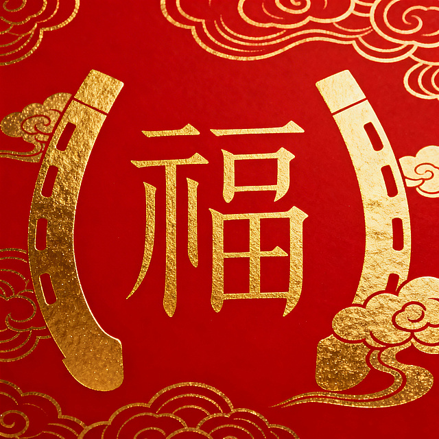 春节马年主题，大红色背景带有烫金马蹄纹、祥云纹，正中间是具有设计感的瘦金体金色福字，字体纤细挺拔