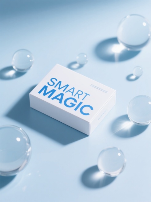 极简主义风格护肤品包装盒，白色主体搭配蓝色字体“SMART MAGIC”，置于浅蓝色渐变背景中，周围环绕大小不一的透明玻璃球体，球体表面有柔和反光与清晰阴影，光线从顶部偏左照射形成立体感，整体氛围纯净、科技感、高端，无任何文字内容，仅保留产品盒与玻璃球元素，构图采用居中偏左布局，留白充足，具有现代产品摄影的细腻质感与柔和光影效果。预览效果