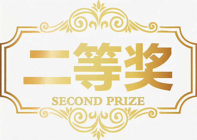 将图中的文字“一等奖”修改为“二等奖”，将英文“FIRST PRIZE”修改为“SECOND PRIZE”，保持原有的金色渐变字体、欧式花纹边框、白色背景以及整体构图风格完全不变，其他所有元素和细节都保持原样
