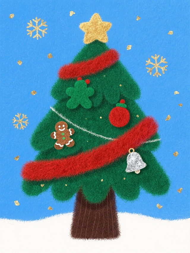 主体是迷你雪松圣诞树，树顶缀金色星星，枝桠挂红绿姜饼人、银色铃铛。树干缠绕酒红色缎带，斜靠在深棕木质底座上。宝蓝色背景飘着六角雪花，还点缀细碎金箔光斑。