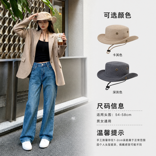 [主图-5] 尺码款式适用说明图。[氛围风格] 简洁清晰，信息明了。[画质] 商业摄影质感、光线柔和通透、产品清晰真实、画面干净高级。[元素] 左侧为女模特全身佩戴卡其色渔夫帽户外街拍展示，右侧同背景预览效果