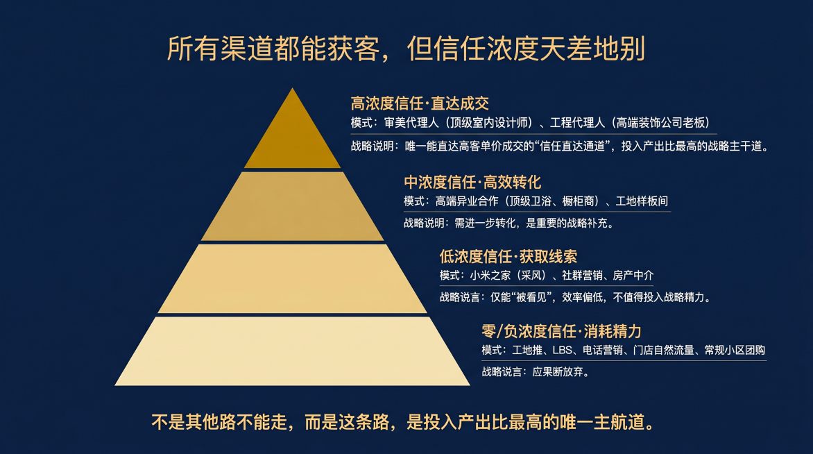 演讲稿PPT单页，极简商业风，深蓝色与金色搭配，字体清晰有力，排版留白充足。页面标题“所有渠道都能获客，但信任浓度天差地别”置顶，核心内容为四层信任浓度金字塔图形居中放大，颜色由深（顶层）到浅（底层）预览效果