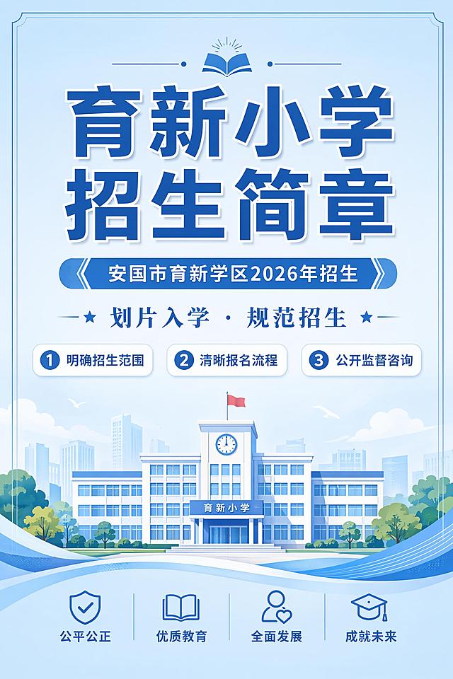 育新小学2026年招生简章 

为进一步规范我市义务教育招生入学工作，维护教育公平，营造良好的招生秩序，根据《河北省教育厅关于做好2026年普通中小学招生入学工作的通知》、《保定市教育局2026年义务教育招生入学工作实施方案》以及安国市教体局招生文件要求，结合我校实际，特制定育新小学招生简章：
一、招生轨制和范围
育新小学（6个班，每班45人）：安泰河以北，药市南大街以东，祁州大路以南。包括东大街（部分）、北大街（部分）、光明街、北七公、宋庄、南七公、流霜。此外，水榭华庭、仁和嘉苑(北区)、京阳花园可选育新小学。
二、报名条件
凡招生范围内于2020年8月31日前出生，含2020年8月31日出生的适龄儿童均可报名。
三、报名时间
7月3日发布招生简章，公布网上报名流程。7月5 日至8日进行网上预报名及网上审核，7月9日至10日线下审核，经审核符合报名条件的下发纸质入学通知书。
（一）线上报名时间：7月5日—7月8日。
家长进入“惠保定”公众号，按规定程序进行线上报名。7月8日18：00报名端口将关闭，请务必在此期间完成报名及证明材料的拍照上传。报名端口开放期间，允许对上传相关资料进行修改，一名孩子的身份证号只允许在一所学校报名，报名系统不支持在不同学校重复报名。通过网上资格审核的，学校将通过报名端口给儿童家长发放电子版的预录取通知书。
（二）线下核验时间：7月9日—7月10日（上午8:30—11:30，下午2:30—5:30）
1.分片线下具体审核时间安排
7月9号上午：东大街（部分）、北大街（部分）、光明街、天顺小区、华兴小区、怡和园小区、和谐家园、城关社小区、医院家属院。
7月9号下午：国安首府、隆安官邸、光明小区、北七公、南七公、宋庄、流霜村户籍学生和随迁子女。
7月10号上午：星河家园、滨河小区、水榭华庭、仁和嘉苑(北区)、京阳花园、东城国际、公园学府。
7月10号下午：范围内其它小区及符合条件的其他情况学生。
2.审验地点：育新小学育德楼（南楼）一层。
监护人凭预录取通知书（出示电子信息），携带线上报名时所上传的所有证明材料的原件及复印件，按报名平台分配时间段带学生一起到校核验。
3.安国户籍报名时应准备：
(1)安国户籍适龄儿童少年父母(法定监护人)需提供适龄儿童少年和父母的户口簿、
(2)居民房产证(不动产证)或住建部门核发的购房合同、社区居住证明等证明材料。
(3)只提供购房合同的，需附同时期的大额银行交易单据、首付款或全款正式发票等相关证明;房产证正在抵押的，需提供抵押单位盖章的房产证复印件和银行抵押贷款合同。
(4)适龄儿童少年与父母(法定监护人)不在同一个户口簿上的，需提供医学出生证明、结婚证等证明。
(5)适龄儿童少年祖父母、外祖父母在城区有房产的,适龄儿童少年户籍必须随父母在祖父母处(至少父母一方同在户口簿)或外祖父母处(至少父母一方同在户口簿)且常年同住，且父母名下无房产(需在安国市不动产登记交易中心开具无房证明),可参照以上政策提供相关证明材料。
特别提醒：与他人共有的房产以及租赁的房屋、未交付使用的楼盘小区不作为义务教育阶段适龄儿童就近入学的依据，在非法定监护人房产居住的适龄儿童不享受划片招生、就近入学的政策。
4.随迁子女(安国户籍外的外来务工人员和经商人员子女)需提供：
(1)适龄儿童少年和父母(法定监护人)的户口簿。
(2)公安部门出具的正式居住证(不包括居住登记凭证)。
(3)父母(法定监护人)的劳动协议或经商证明等证明。
(4)符合条件的随迁子女，学校有空余学位可以全部录取;学校无学位，就近安排到北七公小学。
温馨提示：以上报名资料分原件和复印件分装到两个档案袋中。档案袋上写孩子姓名、性别、家庭住址和联系电话。
四、严格招生纪律：
学校严格遵守安国市教育和体育局招生政策和招生纪律，接受社会监督；学校招生不收取任何费用，不接受团体报名；任何人和机构（含各种培训班、小饭桌或其他机构）以任何理由收取费用协助报名均为违法违规行为，发现违规违规，一经核实将取消录取资格并追究相关人员的法律责任，提醒家长谨防上当受骗。所提供的入学申请材料均真实有效，无虚假伪造。若因材料不实导致入学资格被取消，自愿承担全部责任。

举报监督电话：15188715221  0312-3519707 
招生咨询电话：13020826928  15128257590
附件：请扫码查阅具体线上报名流程。
保定市义务教育招生入学服务平台使用手册



安国市育新学区
                                     2026.7.1
蓝色主题，画面比例2:3，简洁大气，一目了然