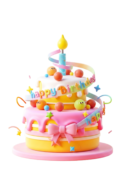 添加“happy birthday”飘带环绕在蛋糕上，在蛋糕上添加一个粉色的蝴蝶结装饰预览效果