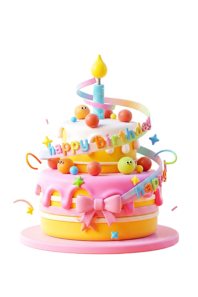 添加“happy birthday”飘带环绕在蛋糕上，在蛋糕上添加一个粉色的蝴蝶结装饰