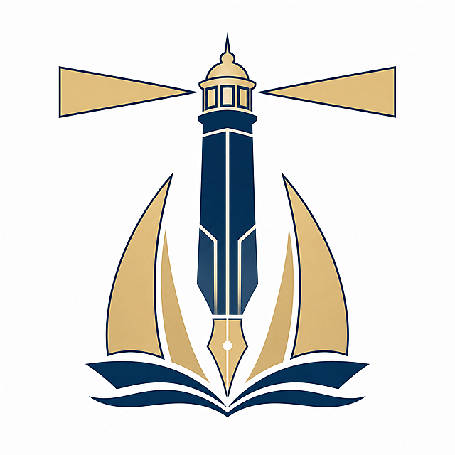 极简优雅的公司Logo，抽象灯塔图案，光束变形为帆船船帆，塔身是竖立的现代钢笔。优化：1.光束改为纯金色块，增加与主体一致的深蓝色细描边，增强实体探照灯指引感；2.修正钢笔中线，确保绝对垂直居中；3.调整色彩，金色改为偏冷香槟金，深蓝色改为偏冷普鲁士蓝，增强现代金融感；4.减淡钢笔笔身两侧凹槽颜色，增加负空间透气感，让图形更轻盈。统一线条粗细，左右两侧帆船完全对称，主色调为普鲁士蓝和分层香槟金，纯白背景，平面实心矢量风格，适合商业智库金融机构，烫金质感，严谨稳重