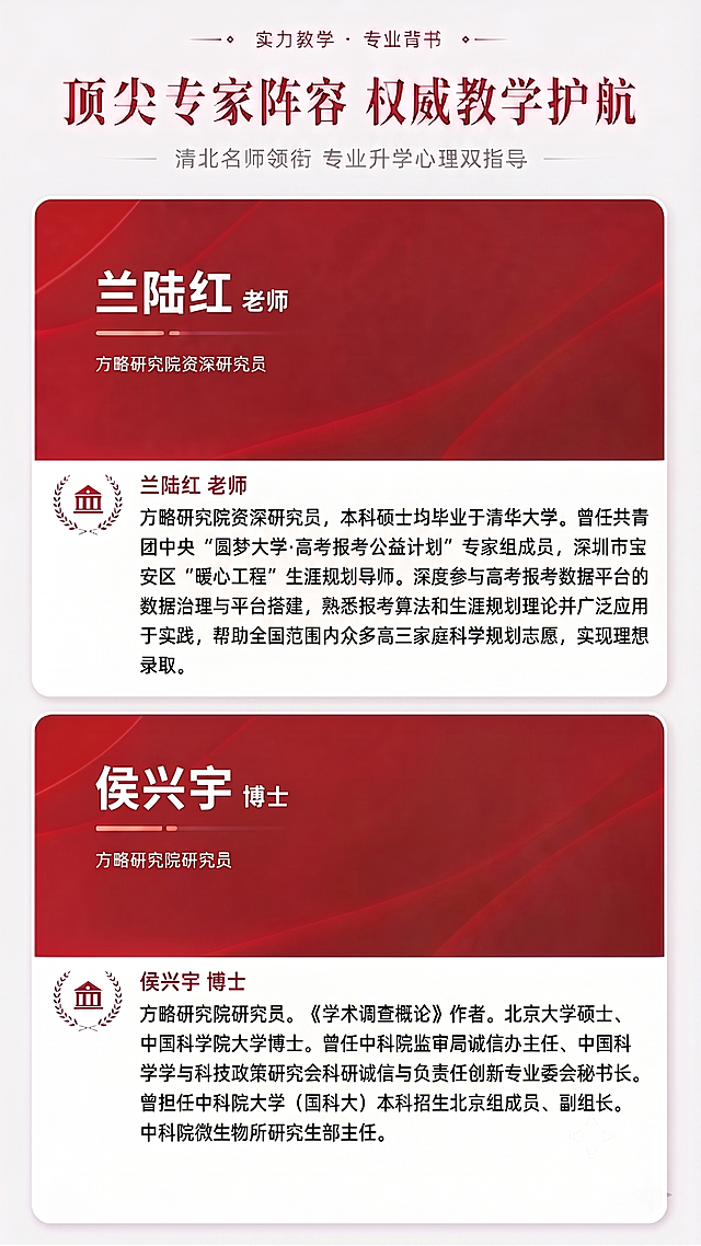 替换图片中的文字内容，第一位专家改为兰陆红老师，信息为：方略研究院资深研究员，本科硕士均毕业于清华大学。曾任共青团中央“圆梦大学·高考报考公益计划”专家组成员，深圳市宝安区“暖心工程”生涯规划导师。深度参与高考报考数据平台的数据治理与平台搭建，熟悉报考算法和生涯规划理论并广泛应用于实践，帮助全国范围内众多高三家庭科学规划志愿，实现理想录取。第二位专家改为侯兴宇博士，信息为：方略研究院研究员。《学术调查概论》作者。北京大学硕士、中国科学院大学博士。曾任中科院监审局诚信办主任、中国科学学与科技政策研究会科研诚信与负责任创新专业委会秘书长。曾担任中科院大学（国科大）本科招生北京组成员、副组长。中科院微生物所研究生部主任。保持原有排版、布局、颜色、整体风格不变，背景还是原来的红色渐变