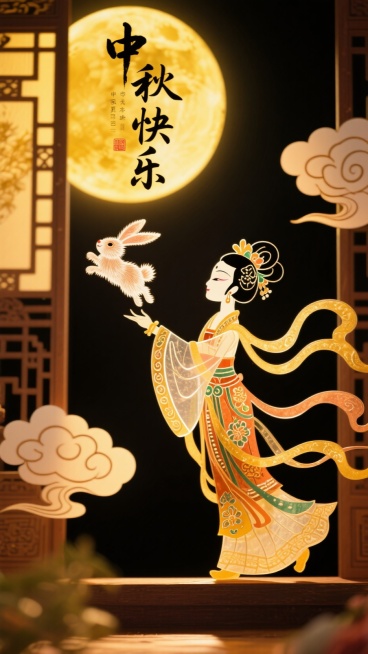 嫦娥在飞向天上的金黄的圆月，玉兔在身边跟随着，月亮旁边有几朵云，画面四周有着中国风的窗户做装饰，整个画面像是从窗户里看向外边，在画面的下方写着“中秋快乐”，字体设计飘逸，毛笔笔触。整个画面非常喜庆预览效果