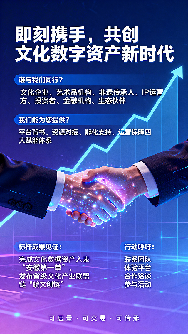 画面中心是两只手在代表未来的光点前相握，背景是向上的趋势线。上方配有文字"即刻携手，共创文化数字资产新时代"，下方依次呈现：谁与我们同行？文化企业、艺术品机构、非遗传承人、IP运营方、投资者、金融机构、生态伙伴；我们能为您提供？平台背书、资源对接、孵化支持、运营保障四大赋能体系；标杆成果见证：完成文化数据资产入表“安徽第一单”，发布省级文化产业联盟链“皖文创链”；行动呼吁：联系团队 体验平台 合作洽谈 参与活动；底部标语："可度量 · 可交易 · 可传承"，整体画面科技感十足，色调以蓝紫渐变为主，营造未来感与专业感