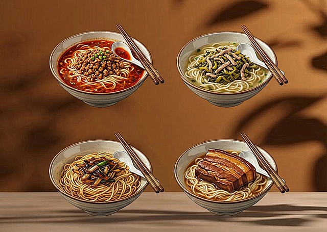 在图中放辣肉糜面，雪菜肉丝面，葱油拌面，大肉面