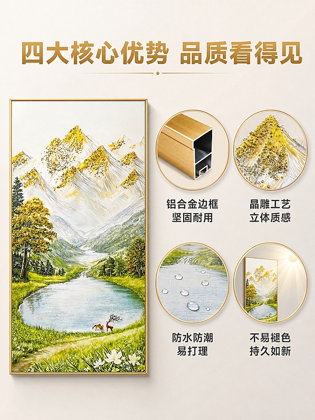 [主图-2] 四大核心卖点信息图 材质工艺展示 拼多多直白卖点图
[统一基调] 温馨居家高级感 自然柔和光线 浅米灰背景 统一金色铝合金边框 画面调亮 大字直白风格 标题金色粗体 辅助字深灰 现代无衬线字体
[画面] 画面左侧为装饰画完整展示 金色铝合金边框 晶雕山水画面调亮 右侧和下方分布四个圆形卖点图标区域 左上卖点图标是金属边框截面特写 配文"铝合金边框 坚固耐用" 右上卖点图标是晶雕肌理放大特写 配文"晶雕工艺 立体质感" 左下卖点图标是水滴在画面上滚落的效果 配文"防水防潮 易打理" 右下卖点图标是太阳照射画面的示意 配文"不易褪色 持久如新" 装饰画主体占画面约45% 位于左侧 右侧为卖点区 背景为浅米灰色渐变 干净简洁
[光影质感] 均匀柔和棚拍光 画框金属质感清晰 晶雕画面有细腻凹凸光泽 卖点图标区域有轻微阴影突出层次 整体明亮干净
[配色] 背景浅米灰渐变 画框金色 画面金黄翠绿湖蓝 图标底色浅金色 图标线条深金色 文字深灰色 标题金色
[文字版式] 顶部大标题"四大核心优势 品质看得见" 金色粗体 居中 四个卖点图标下方各配两行说明文字 图标大 文字适中 整体排版整齐 信息清晰
[输出要求] 比例3:4 文字清晰可读 产品清晰不变形 无错字 无水印 无平台Logo 无杂乱元素