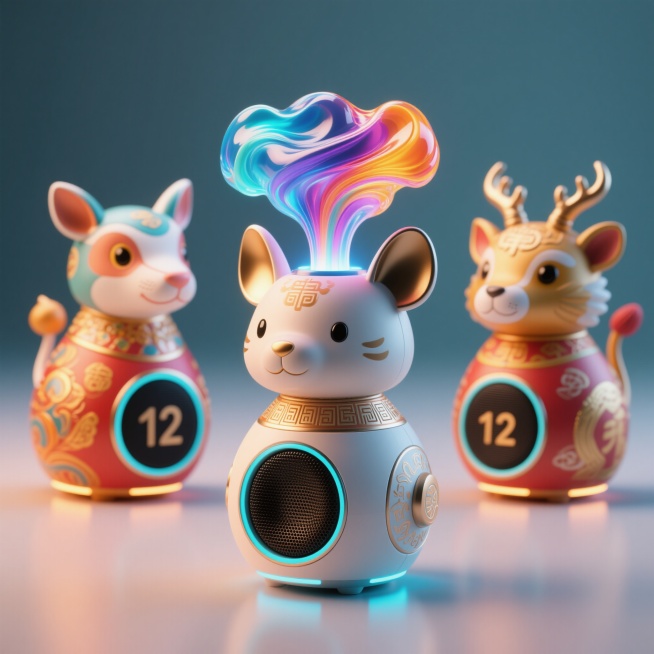 以12生肖为原型设计的磁流体蓝牙音响，每个生肖造型独特，结合对应生肖的典型特征，音响主体为生肖形象，顶部有流动的彩色磁流体，整体风格现代科技感与传统生肖元素融合，色彩鲜明，细节精致，光影柔和预览效果