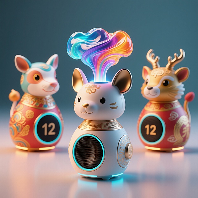 3D卡通风格，拟人化小鼠音箱，液态光效设计，可爱感十足，新年氛围浓厚。